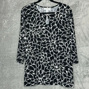 Sag Harbor XL Shirt Top Black Floral Flower 3/4 Sleeve Keyhole Scoop Neck Womens